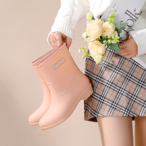 回力时尚女春秋中短筒雨鞋粉色系雨靴潮流女鞋胶鞋防滑加绒保暖鞋