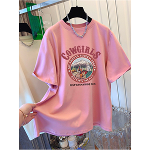 韩国宽松纯棉粉色圆领短袖t恤女夏季中长款休闲半袖打底衫上衣