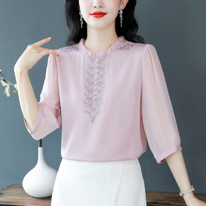 韩国宽松纯色真丝衬衫女中袖夏季新款大码缎面桑蚕丝通勤气质上衣