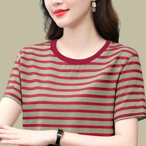 韩国夏季新款纯棉短袖t恤女大码宽松百搭半袖条纹圆领体恤上衣