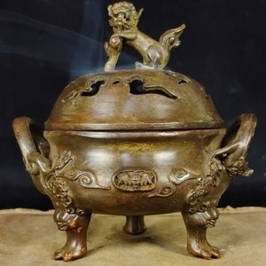 仿古铜器狮盖炉宣德三足炉家用檀香沉香香炉熏香炉茶道茶台摆件