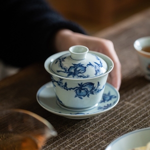 仿古釉中彩青花釉里红三才盖碗单个泡茶碗复古敬茶杯陶瓷功夫茶具