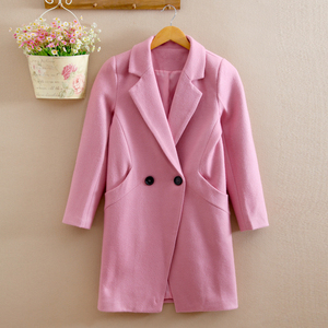 森女神气质冬装新款羊毛呢子大衣女式修身双排扣粉红色中长款外套