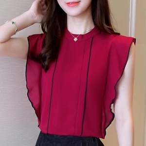 雪纺衫女2024夏季新款韩版修身短款设计感衬衫气质木耳边无袖上衣