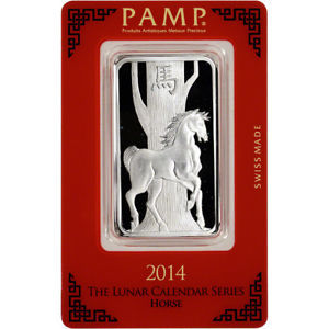 【海宁潮期货】瑞士PAMP公司2014年生肖系列马年1盎司纪念银条