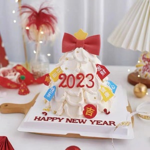 2023新年蛋糕装饰祝福语发财暴富开心快乐蝴蝶结许愿树烘焙装扮