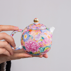 德化陶瓷24珐琅彩万花茶壶手绘百花壶家用一壶二杯套装功夫茶具组