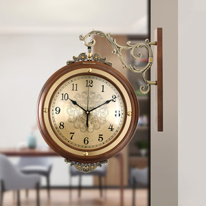 中式双面挂钟客厅家用实木壁钟胡桃木静音时尚两面挂表大气钟表