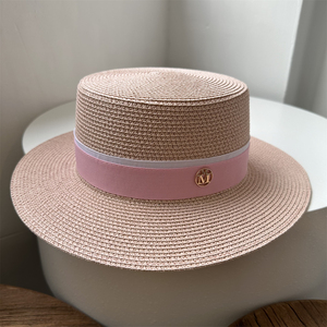 夏季洋气粉色平顶帽休闲百搭草帽逛街沙滩出游帽子女宽沿遮阳帽女