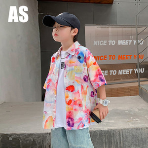 韩国AS品牌正品男童夏装短袖水母花衬衫2024新款儿童夏季炸街衬衣