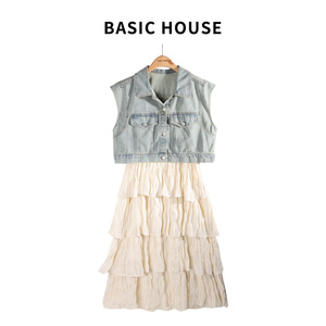 Basic House/百家好夏季套装牛仔外套女吊带连衣裙女高级感领带夹
