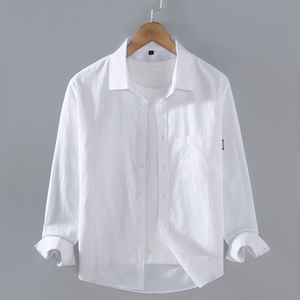 日系简约白色长袖衬衫男春夏季休闲薄款上衣青年潮流宽松纯棉衬衣