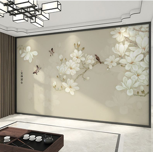 玉兰花鸟背景墙壁布现代简约墙纸新中式客厅沙发卧室壁画壁纸墙布
