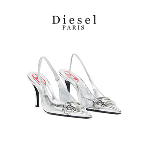 Diesel迪赛24秋冬女士logo凉鞋高跟鞋银色尖头细跟金属扣后空凉鞋