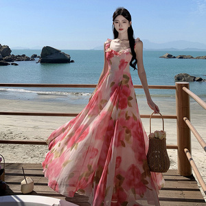 茶歇法式雪纺吊带连衣裙仙女夏季三亚海边度假沙滩大摆长裙子飘逸