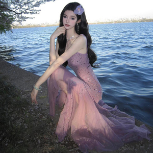 法式性感紫色网纱吊带连衣裙仙女夏季晚礼服海边度假包臀鱼尾长裙