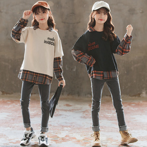 韩版女童拼接卫衣秋冬新中大童百搭格子翻领套头衬衣儿童洋气时髦