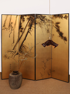 中古日式金箔手绘屏风漆画隔断客厅玄关茶室遮挡新中式侘寂折屏