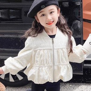 女童春装韩版外套24新款洋气短款夹克宝宝网红百搭泡泡袖白色上衣