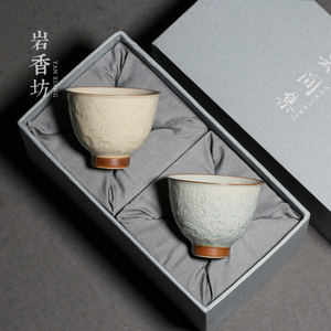 岩香坊 仿古浮雕緾枝莲主人杯功夫茶具专用男女茶杯陶瓷品茗杯