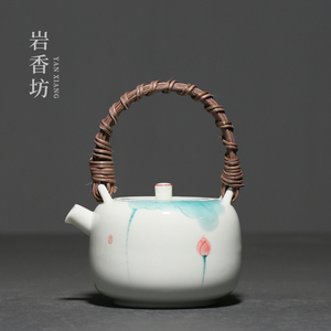 岩香坊 手绘粉青荷花釉下彩提梁壶功夫茶具家用小清新泡茶壶陶瓷