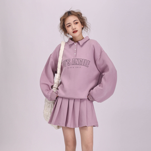 紫色两件套2024春季新款韩版印花宽松卫衣高腰a字百褶裙休闲套装