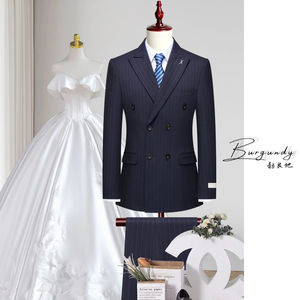 Burgundy高定西服双排扣正装英伦风新郎结婚帅气婚礼条纹西装套装