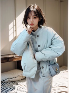 海盐蓝色短款女2024年冬季韩版时尚新款小个子圆领棉服外套韩系潮
