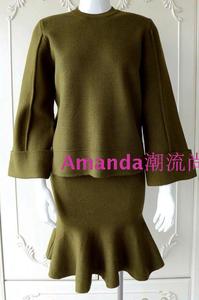 清货 女秋冬装 纯色针织毛线长袖上衣+包臀鱼尾半身裙两件套装