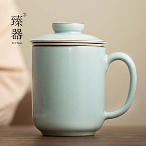 臻器汝窑茶杯办公室陶瓷过滤茶水分离家用个人专用泡茶杯礼盒定制