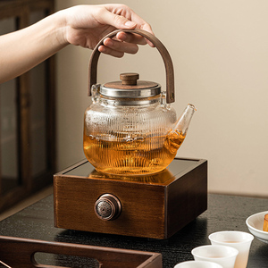 极素胡桃木电陶炉家用小型煮茶器玻璃煮茶壶耐高温茶水分离提梁壶