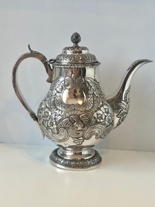 西洋古董纯银咖啡壶 茶壶 1825年英国产纯银浮雕凤凰涅槃纯银壶