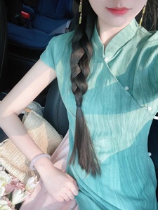 新中式国风立领棉麻短袖连衣裙女夏季盘扣旗袍修身显瘦叠穿长裙子