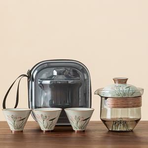 哥窑手绘荷花旅行茶具套装陶瓷便携式一壶三杯快客杯户外喝茶装备