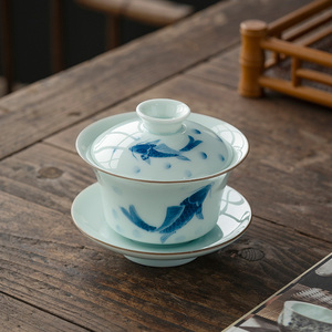 景德镇青花瓷手绘鱼戏陶瓷三才盖碗茶杯茶碗单个泡茶碗功夫茶具