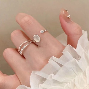 两件套精致月光石戒指女轻奢高级感素圈指环时尚个性可调节食指戒