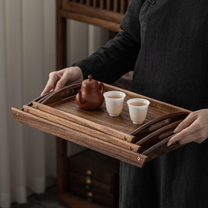 胡桃木托盘中式茶具创意个性复古深色水杯长方形家用茶室餐厅盘子