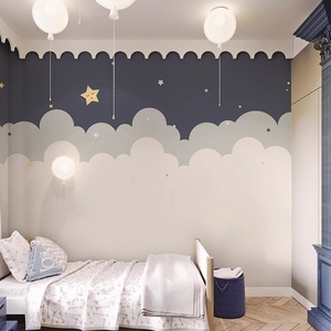 云朵星星墙纸男孩女孩卧室无缝壁布简约北欧壁纸卡通儿童房墙布