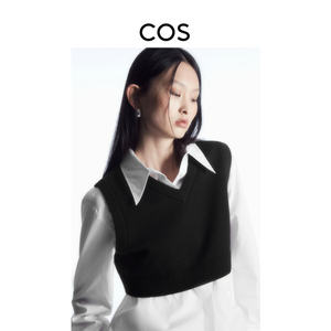 COS女装 标准版型短款V领羊毛背心黑色2024春季新品1208572001