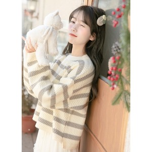韩版宽松条纹套头毛衣女春季新款时尚日系慵懒风甜美减龄针织上衣