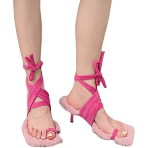 2024年夏季新款女鞋毛毛鞋粉色高跟鞋外穿细跟高跟网红气质罗马鞋