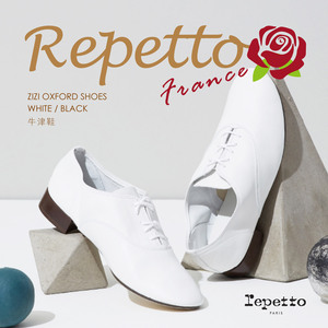 RATE代购 Repetto女士Zizi牛津鞋白黑软皮真皮单鞋牛津鞋低跟系带