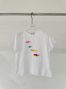 现货幂儿韩国代购6PENCE正品女装24春彩色小鱼图案简约短袖T恤