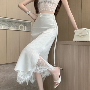 新中式白色提花半身裙女夏季性感开叉包臀蕾丝半裙高级感a字裙子