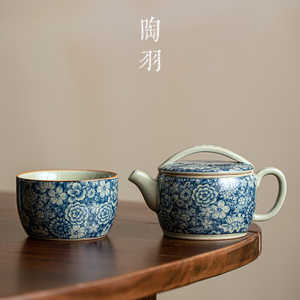 汝窑万花汉瓦壶陶瓷泡茶壶功夫茶具仿古青花茶壶茶杯家用高端茶器