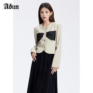 Abun2023年秋季新品圆领小香风蝴蝶结外套女短款时尚设计感小众