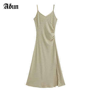 Abun2024年夏季新品短款外套条纹吊带连衣裙两件套双色可选