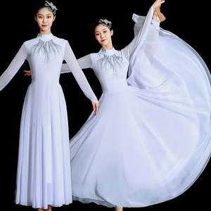 开场舞蹈大摆裙720度白色连衣裙现代舞歌伴舞表演服装大气中国风
