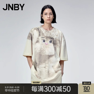 JNBY/江南布衣印花短袖T恤女手工直喷3D卡通玩偶宽松圆领纯棉上衣