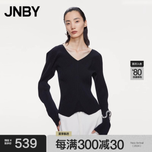 JNBY/江南布衣春秋款针织毛衣套头毛衫修身V领坑条设计感女装上衣